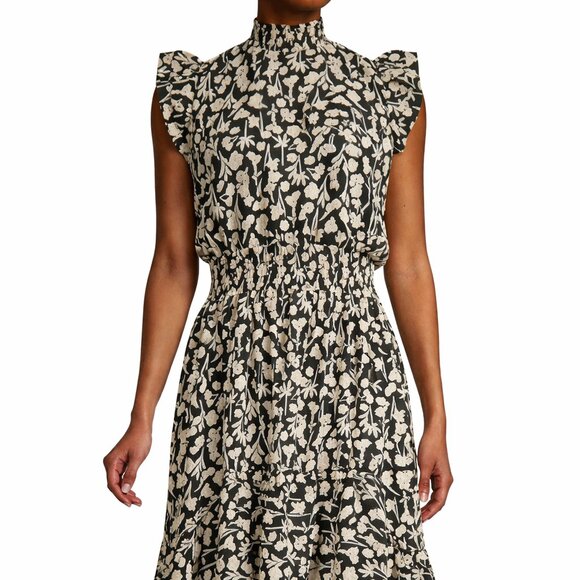 Saks Fifth Avenue Dresses & Skirts - Saks Black and Cream Floral High-Low Ruffle Fit & Flare Knee Length Dress Medium